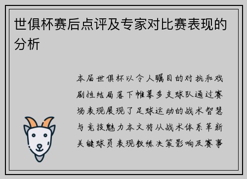 世俱杯赛后点评及专家对比赛表现的分析